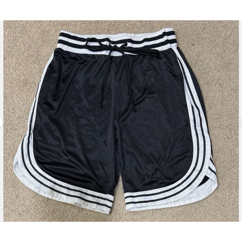 American Stitch Mens M Black White Mesh Basketball Shorts Striped Drawstring Gym
